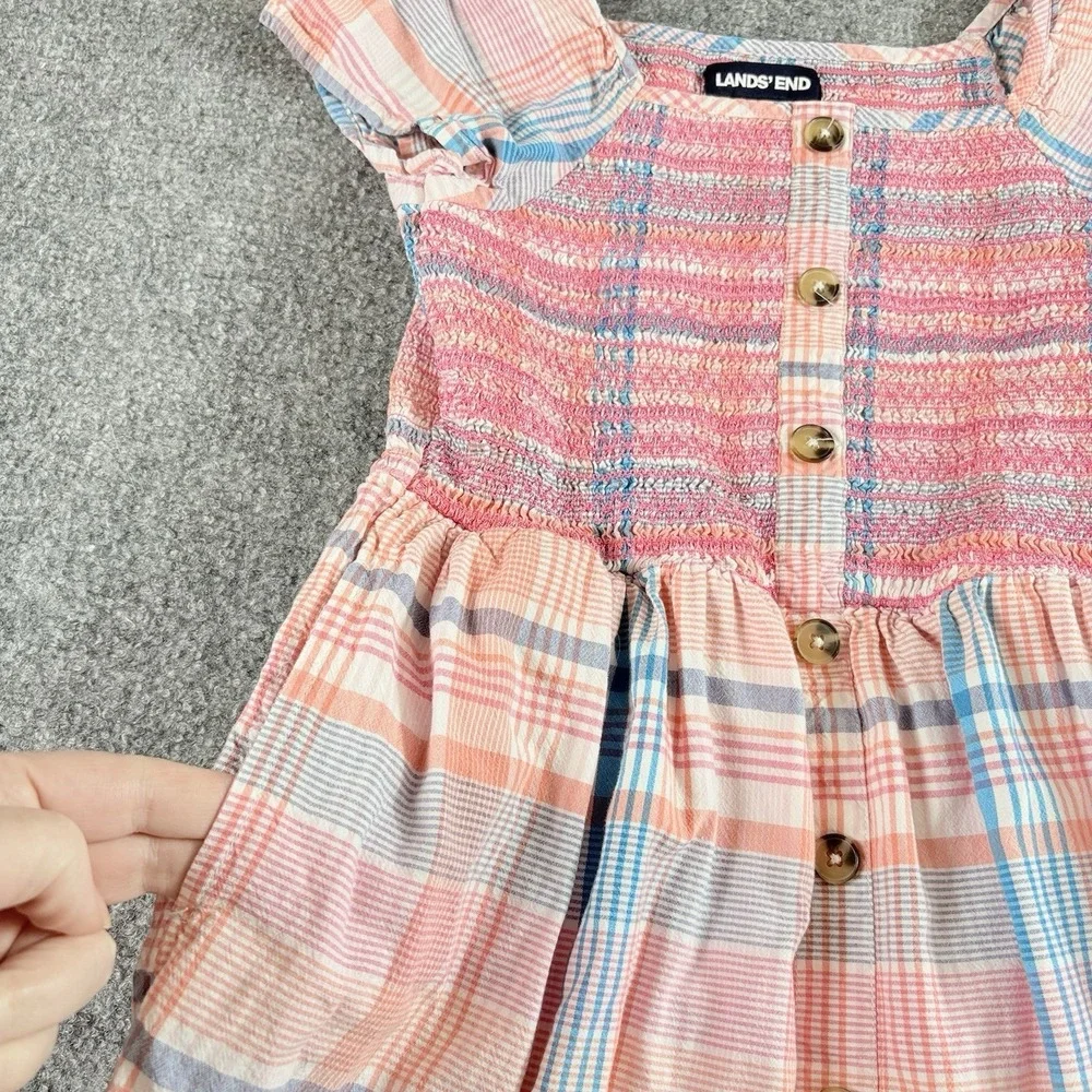 Lands' End Dress Girls 8 Pink Plaid Smocked Cottagecore Boho‎ Fairy Pockets